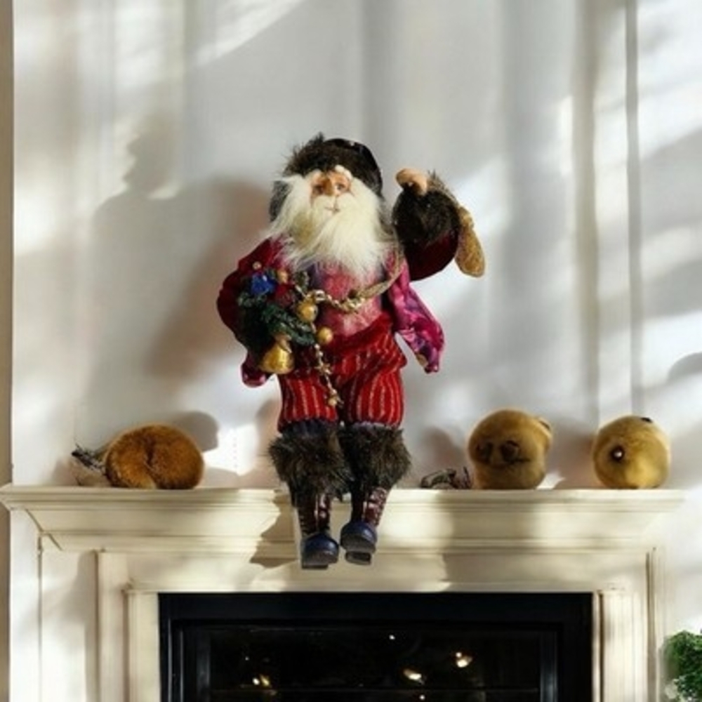 Vintage Old World Santa w Bell Figurine Velvet Red Gold Sitting Christmas Decor
